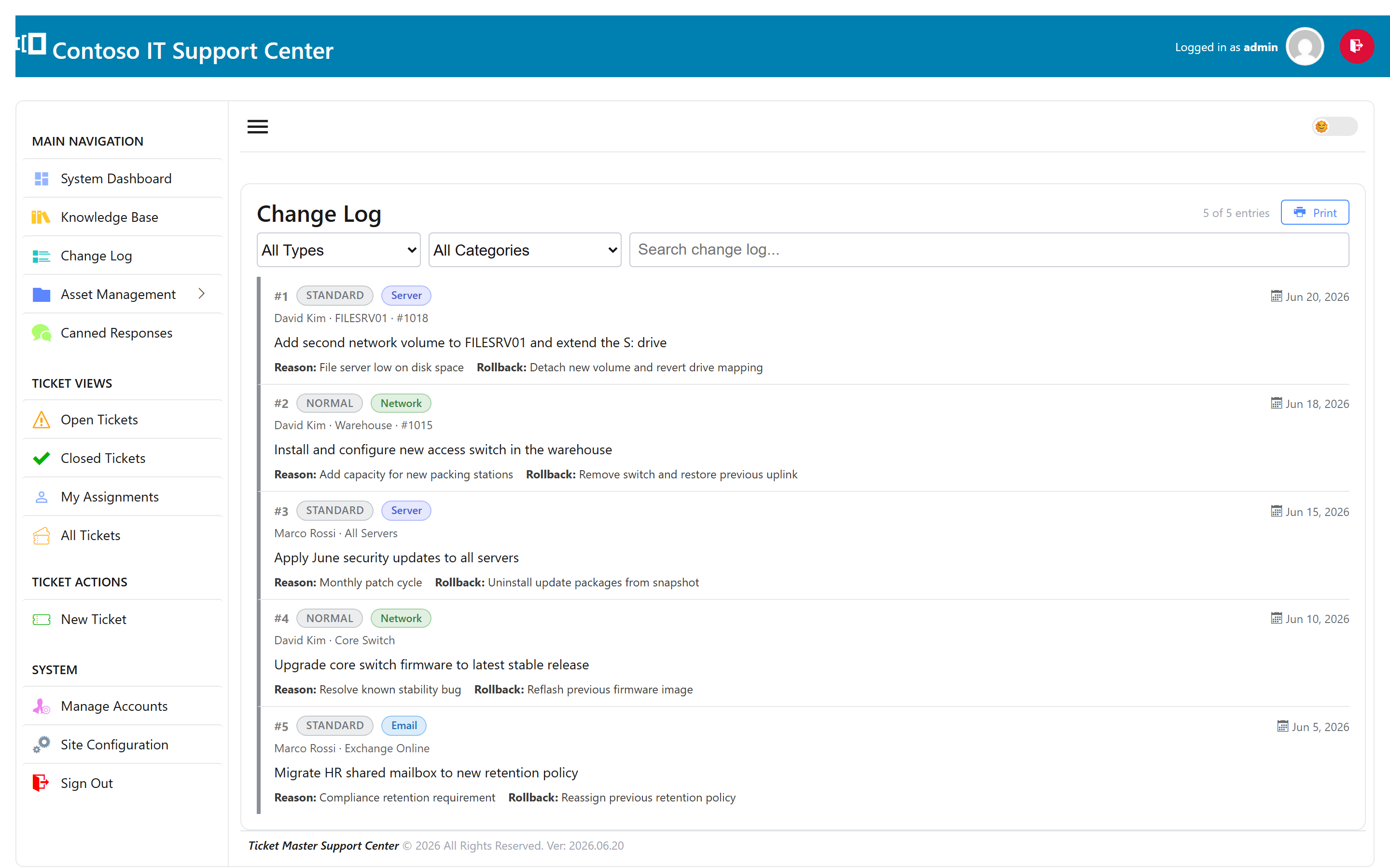Change management log